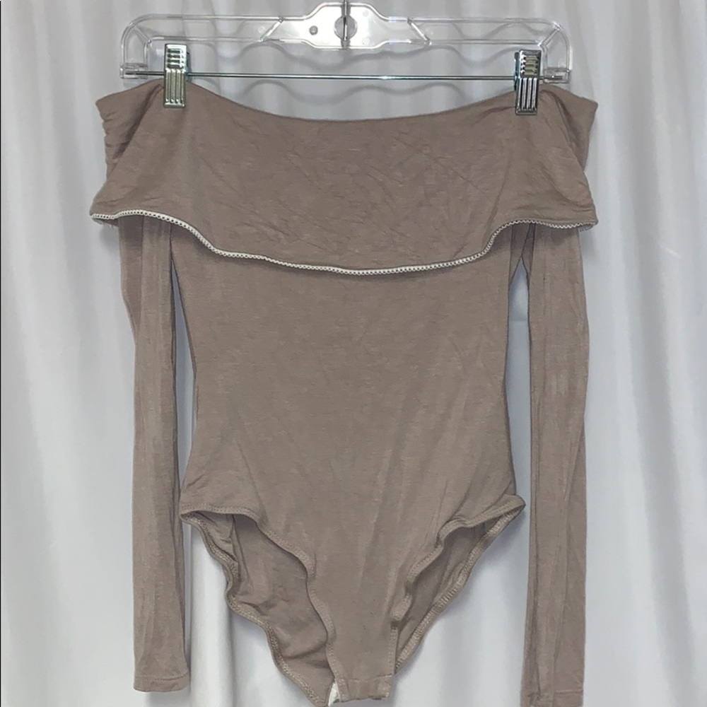 Taupe off the shoulder long sleeve bodysuit